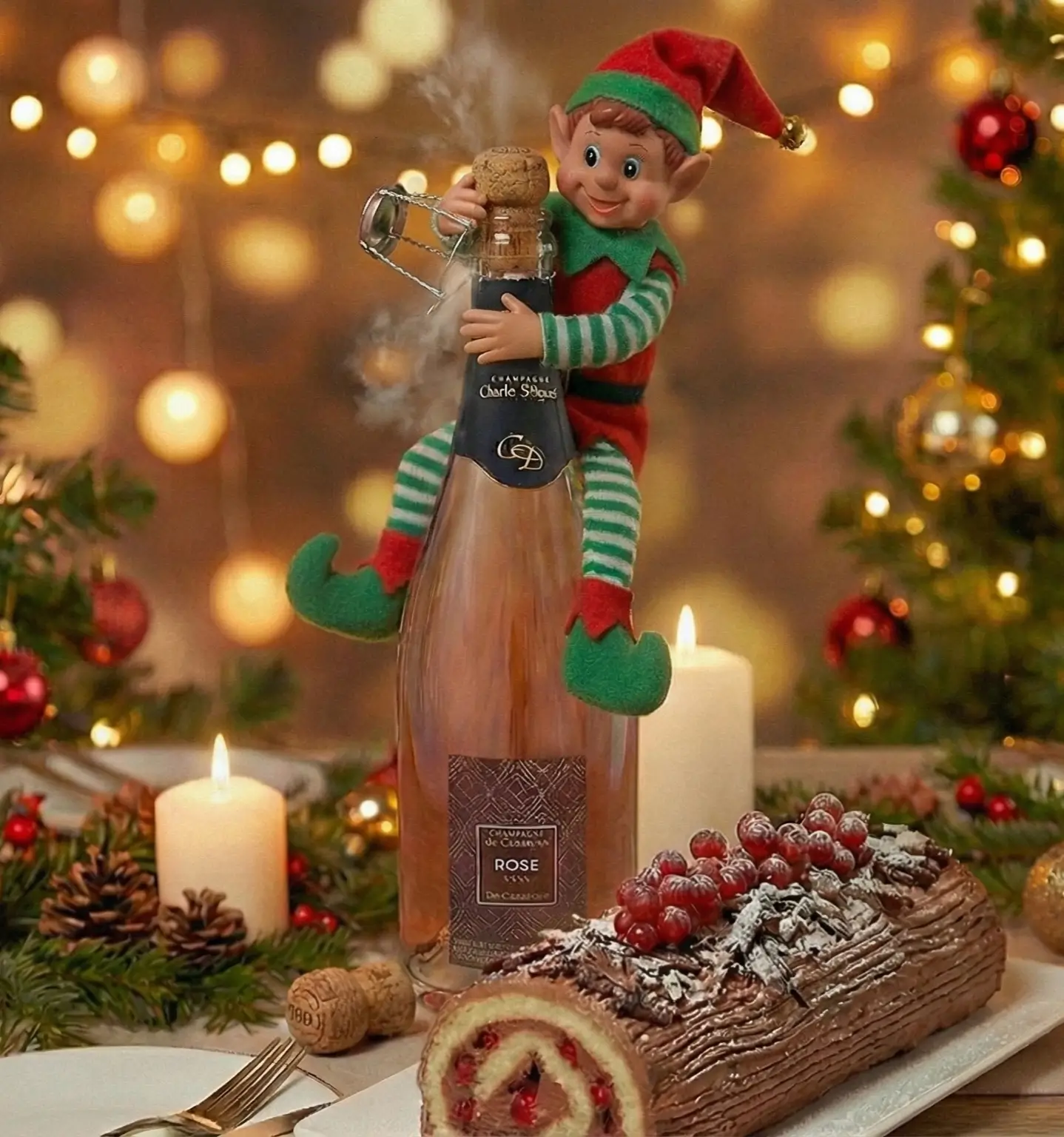 Prueba en imagen: El duende Fripouille escalando la botella de Champagne Rosado