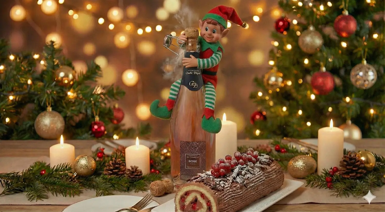 El duende Fripouille mirando el tronco de Navidad y el Champagne Rosado Charles Degodet